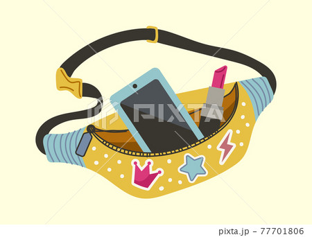 Waist bag. Cartoon lady accessory, modern purse with fashion decoration. Funny girly stylish vector handbag with phone and lipstick 77701806