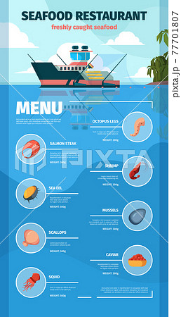 Seafood menu. Delicious exotic restaurant marine products fishes lobster oyster crab garish design templates with place for text 77701807