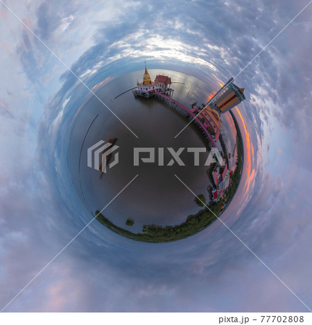 Little planet 360 degree sphere. Panorama of aerial view of Wat Hong Thong with lake or sea, Chachoengsao near Bangkok City, Thailand. Thai buddhist temple architecture. Tourist attraction. 77702808