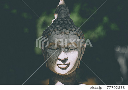 Statue of Buddha standing in meditation.Close up head face of statue Buddha.buddhism concept .peacefulness idea .lifestyle practise mind in clamness 77702838