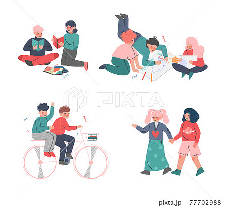Kids Hobbies Set, Cute Boys and Girls Drawing, Painting, Reading Books, Riding Bikes Cartoon Vector Illustration 77702988