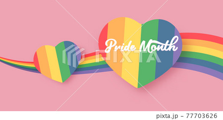 Happy pride month horizontal banner with heart and pride color flag isolated on pink background. Pride month or pride day poster, flyer, invitation party card deign template. 77703626