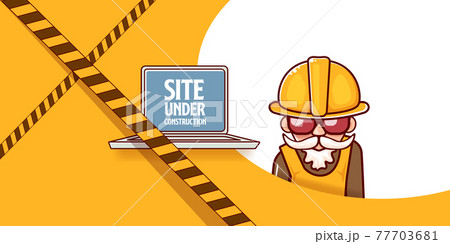 Site under construction orange web landing page design concept with funny worker and laptop. Site under construction orange web landing page design concept with funny worker and laptop. 77703681