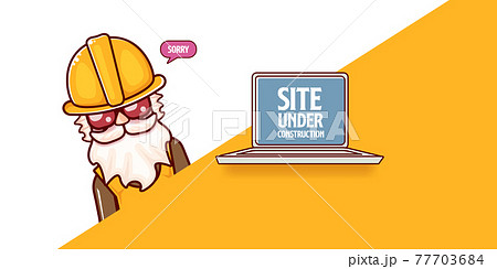 Site under construction orange web landing page design concept with funny worker and laptop. 77703684