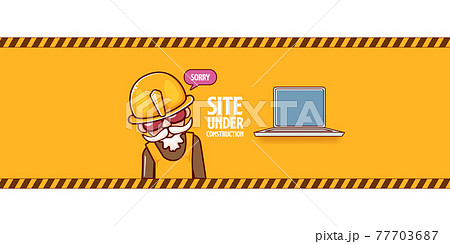 Site under construction orange web landing page design concept with funny worker and laptop. Site under construction orange web landing page design concept with funny worker and laptop. 77703687