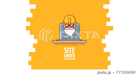 Site under construction orange web landing page design concept with funny worker and laptop. Site under construction orange web landing page design concept with funny worker and laptop. 77703690