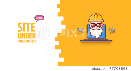 Site under construction orange web landing page design concept with funny worker and laptop. Site under construction orange web landing page design concept with funny worker and laptop. 77703693