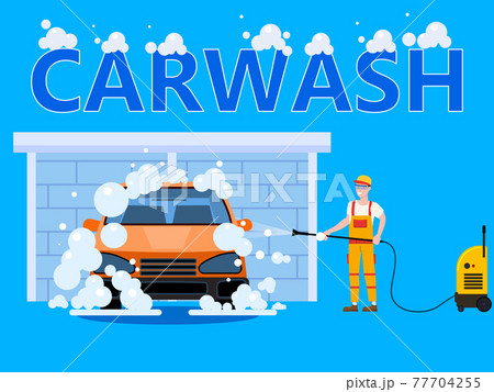 Car Wash center station. Auto Service man worker with equipment washing, clean car, foam bubbles. Vector illustration isolated 77704255