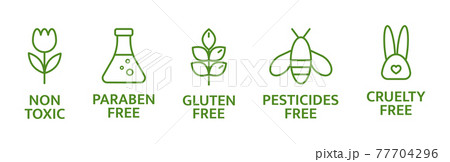 Natural and organic cosmetic line icons. Skincare symbol. Allergen free badges. Beauty product. Gluten and paraben free cosmetic. Non toxic logo. Eco, vegan label. Sensitive skin. Vector illustration 77704296