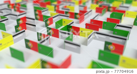 Fictional credit card maze with flag of Portugal. Financial difficulties related 3D rendering Fictional credit card maze with flag of Portugal. Financial difficulties related 3D rendering 77704916