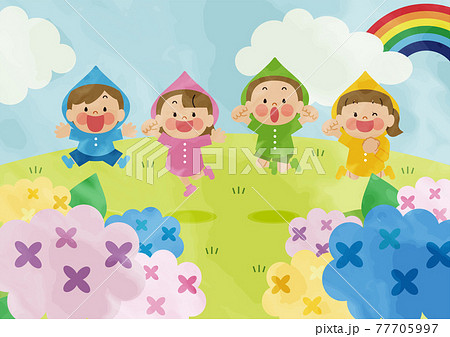 アジサイの中でジャンプする小学生の子供達 水彩のイラスト素材