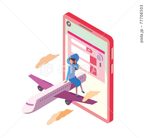 スマートフォンでフライトを予約するイメージイラスト 77706503