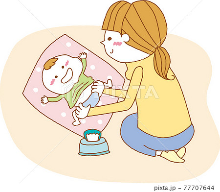 ママと赤ちゃん オムツ替え イラストのイラスト素材