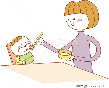 ママと赤ちゃん 離乳食 イラストのイラスト素材