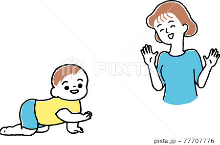 子育て中の母親とハイハイする可愛い赤ちゃんシンプルなイラストのイラスト素材