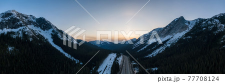 Aerial Panoramic View of a scenic Highway passing in the Canadian Landscape 77708124