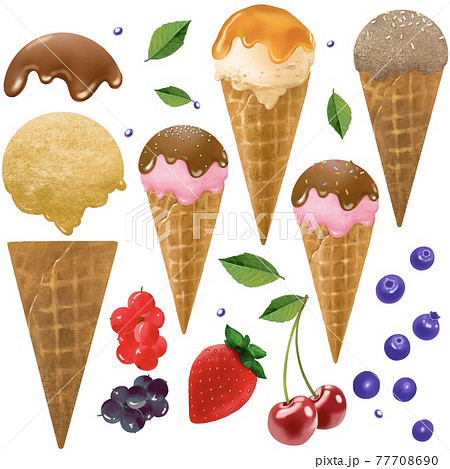 アイスクリームとフルーツのいろいろなバリエーションのベクター素材のイラストセットのイラスト素材
