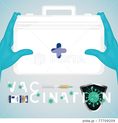 Vaccination poster with hands holding a vaccine kit 77709209