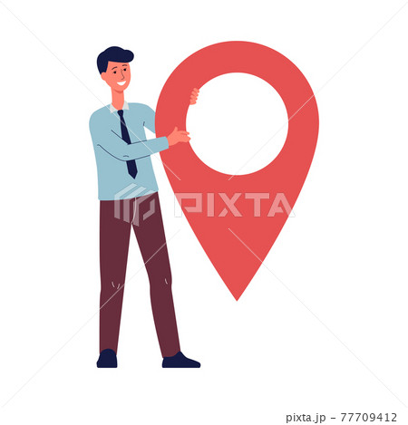Businessman holding huge navigation pin mark, flat vector illustration isolated. Businessman holding huge navigation pin mark, flat vector illustration isolated. 77709412