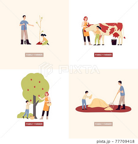 Set of vector posters with farmer family - parents and kids working at farm. Set of vector posters with farmer family - parents and kids working at farm. 77709418