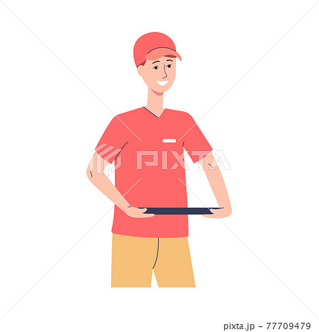 Half Portrait Fast Food Cafe Worker With Tray のイラスト素材
