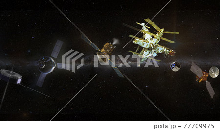Lots spaceships and satellites orbiting in space. Oversupply problem. Lots spaceships and satellites orbiting in space. Oversupply problem. 77709975