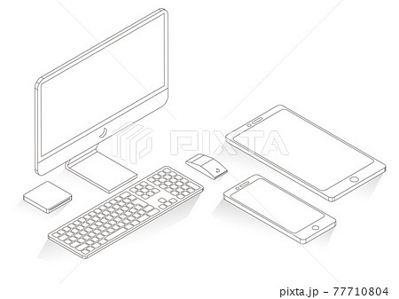 立体的なデスクトップパソコンイラスト 線画のイラスト素材