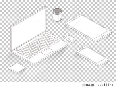 立体的なノートパソコン周辺機器　線画 77711173
