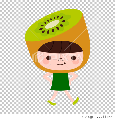 キウイフルーツのキャラクター。キウイフルーツの被り物をして楽しそう