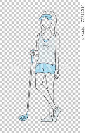 スポーツのゴルフのイラスト。カジュアルな格好の女性がゴルフクラブを持って立っている。 スポーツのゴルフのイラスト。カジュアルな格好の女性がゴルフクラブを持って立っている。 77711514