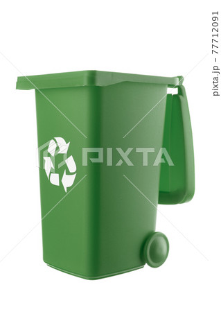 Plastic green trash can isolated on white background 77712091