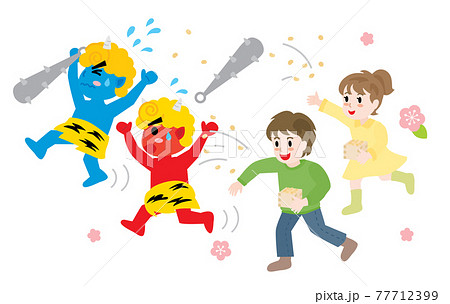 節分に豆まきをする子供たちと逃げる鬼のイラスト素材