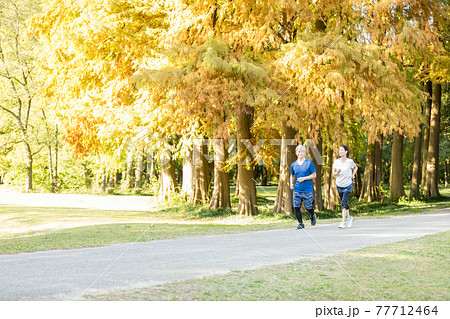 紅葉する公園をの中を走るシニア夫婦 77712464