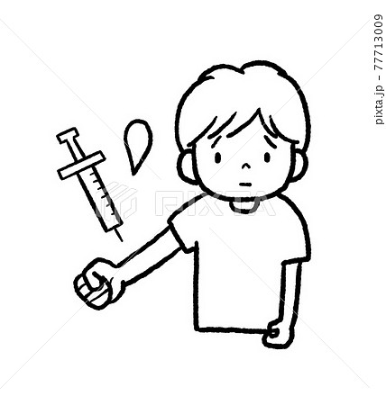 ワクチン接種の注射をする男の子の線画イラストのイラスト素材