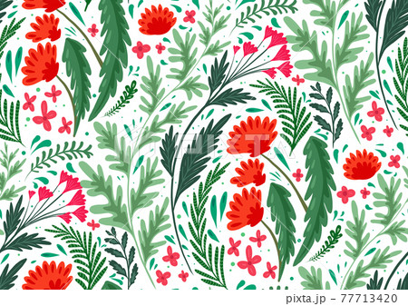 Seamless flat natural pattern with herbs and flowers of the fields on white background. Wallpaper with poppy, wormwood, fennel and buttercups. Fabric with plants. Vector background Seamless flat natural pattern with herbs and flowers of the fields on white background. Wallpaper with poppy, wormwood, fennel and buttercups. Fabric with plants. Vector background 77713420