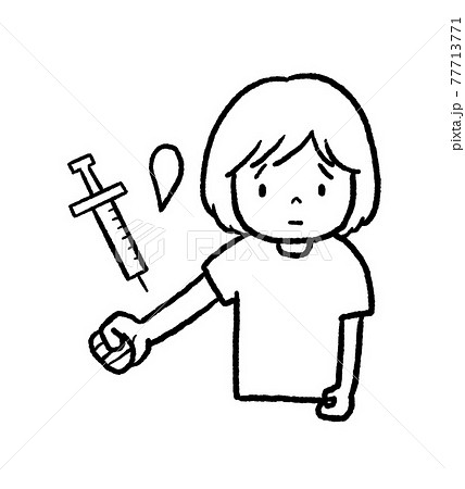 ワクチン接種の注射をする女の子の線画イラストのイラスト素材