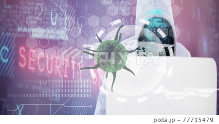 Composition of covid 19 virus cell and binary coding data processing over hacker using laptop Composition of covid 19 virus cell and binary coding data processing over hacker using laptop 77715479