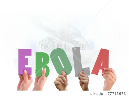 Composition of ebola multi coloured letters held by people with grey smoke Composition of ebola multi coloured letters held by people with grey smoke 77715678