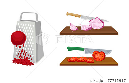 Grating and Chopping Vegetables on Wooden Cutting Board and with Metal Grater Vector Set Grating and Chopping Vegetables on Wooden Cutting Board and with Metal Grater Vector Set 77715917