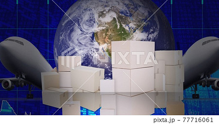 Delivery boxes and airplanes over globe against stock market data processing Delivery boxes and airplanes over globe against stock market data processing 77716061