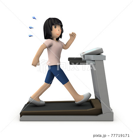ランニングマシンで運動する若い女性。白バック。3Dレンダリング。 77719171