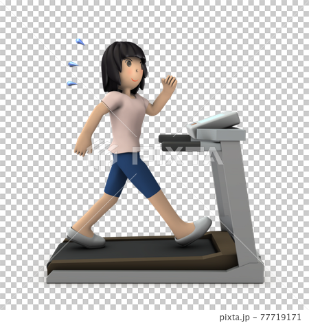 ランニングマシンで運動する若い女性。白バック。3Dレンダリング。 77719171