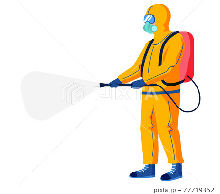 Character in protective outfit isolated on white background. Man sprays disinfectant liquid 77719352