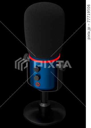 3D rendering of blue studio condenser microphone isolated on black background 77719506