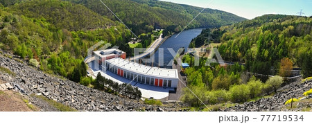 The Dalesice pumped - storage hydroelectric power station on the Jihlava river. Dam with landscape in the Czech Republic 77719534