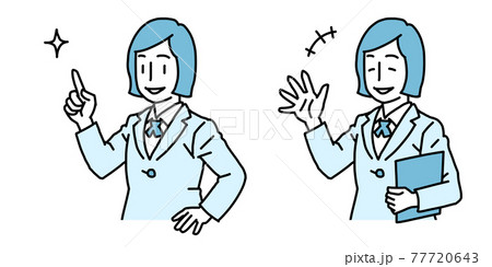 人差し指で示したり手を広げながら話をする おかっぱ頭でスーツを着た女性のイラスト素材