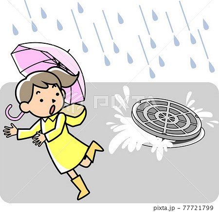 豪雨で雨水が吹き上がるマンホールと驚く女性 77721799