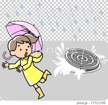 豪雨で雨水が吹き上がるマンホールと驚く女性 77721799