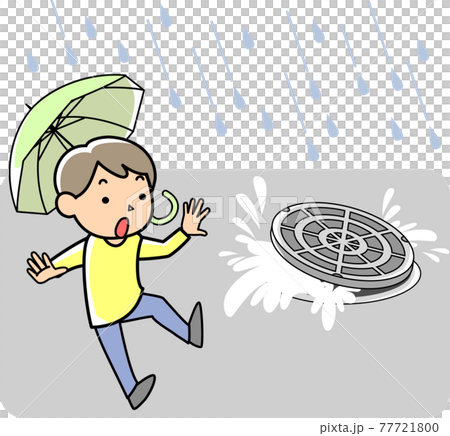 豪雨で雨水が吹き上がるマンホールと驚く男性 77721800