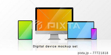 スマートフォンやPCなどのデジタル機器のモックアップセット 77721818